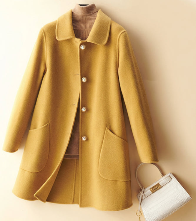 Pearl Buckle Wool Coat - Doll Collar Mid-Length