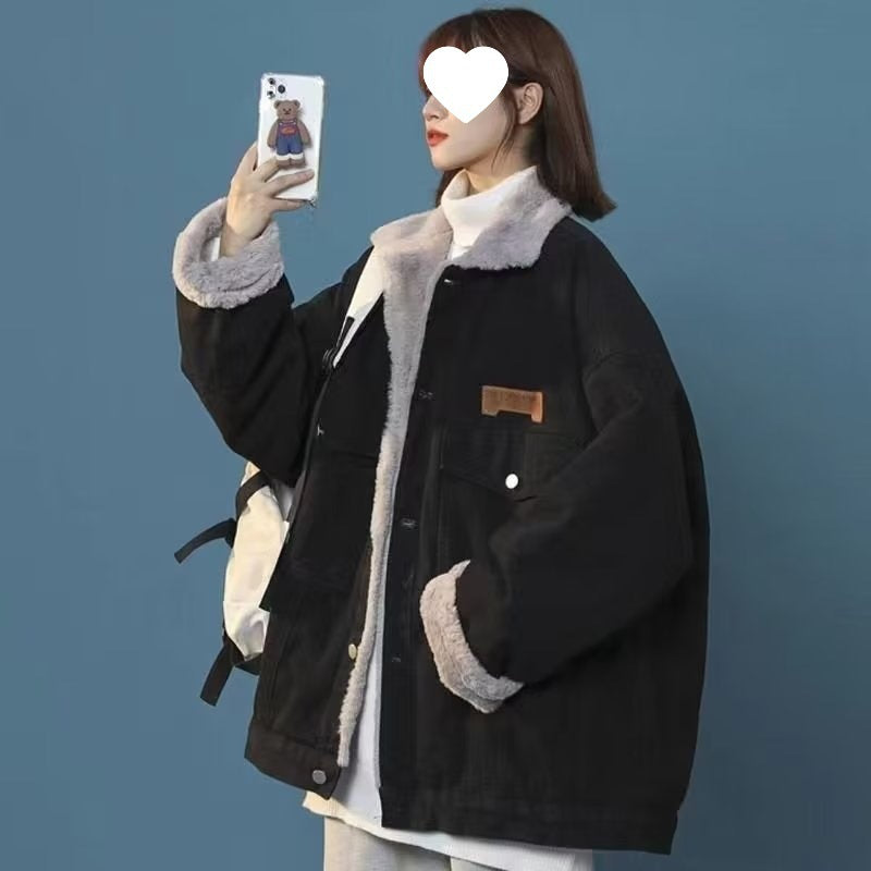 Hong Kong Style Denim Cotton Jacket With Lamb Fur For Women