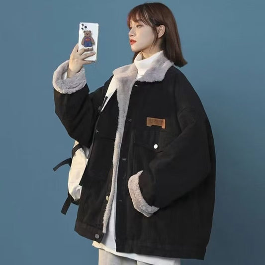 Hong Kong Style Denim Cotton Jacket With Lamb Fur For Women