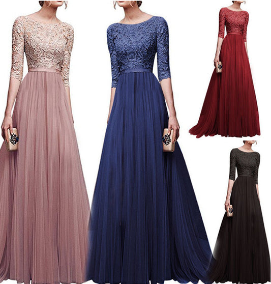 Autumn And Winter New Long Dress Chiffon Long Dress Lace Stitching Elegant Evening Dress Long Vestidos