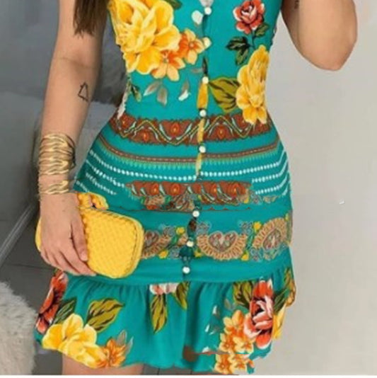 Romantic Printed Ruffle Midi Dress - V-Neck Button Front