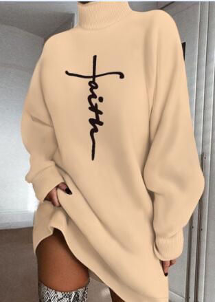 Women's Casual Long Sleeve High Neck Letter Print Loose Dress