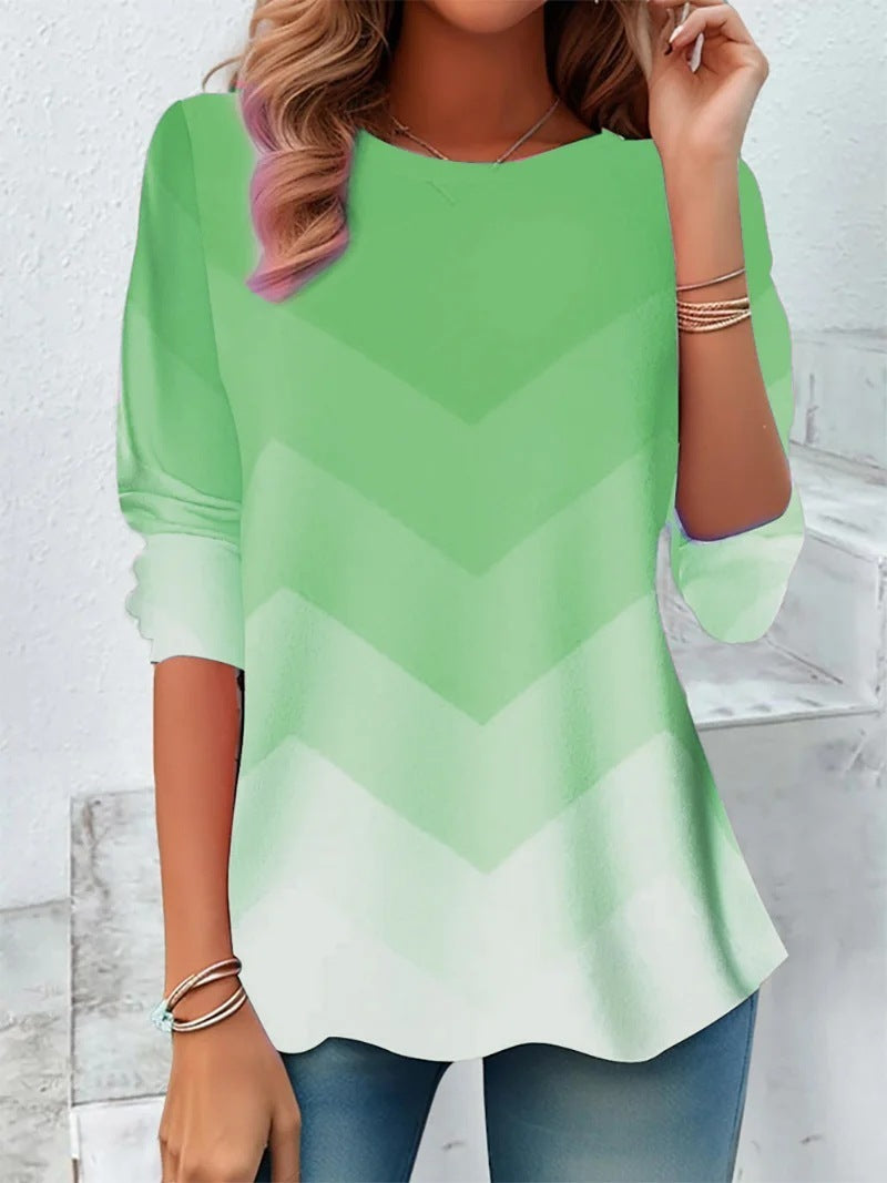 European And American Round Neck Long Sleeve Striped Tie-dye Temperament Leisure T-shirt Top