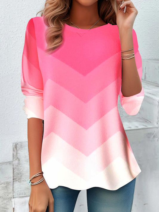 European And American Round Neck Long Sleeve Striped Tie-dye Temperament Leisure T-shirt Top