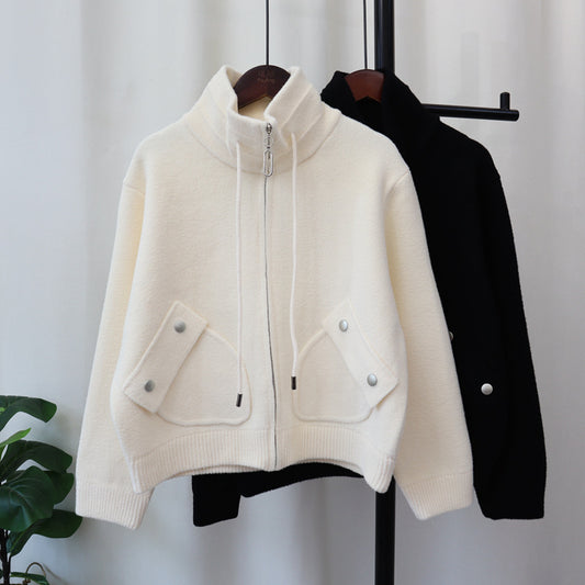 Loose Knitted Wool Coat - Zipper Double-Faced