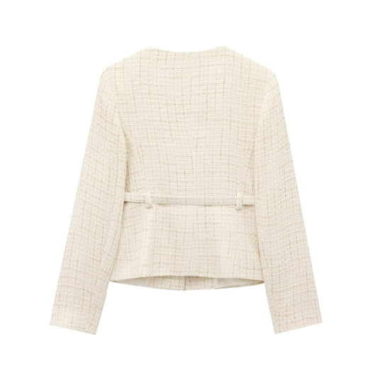 Round Neck Long Sleeve Belt Texture Casual Coat