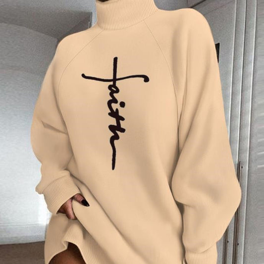 Women's Casual Long Sleeve High Neck Letter Print Loose Dress