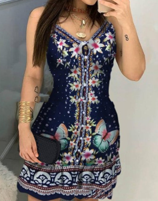 Printed dress with V-neck and buttons