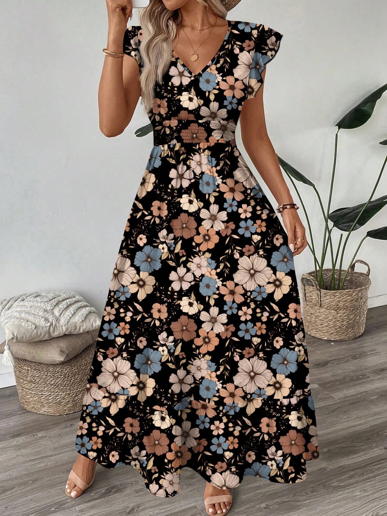 Printed V-neck Flared Sleeve Long Dress