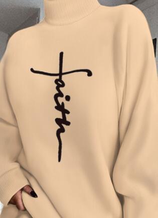 Women's Casual Long Sleeve High Neck Letter Print Loose Dress