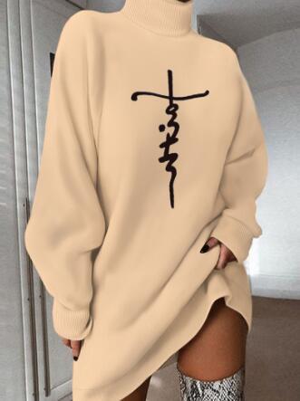 Women's Casual Long Sleeve High Neck Letter Print Loose Dress