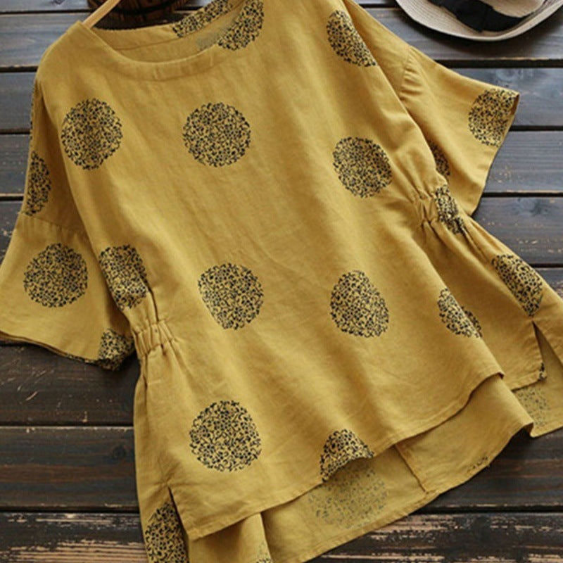 Short Sleeve Circle Printing Mori Style Vintage Cotton And Linen Tops