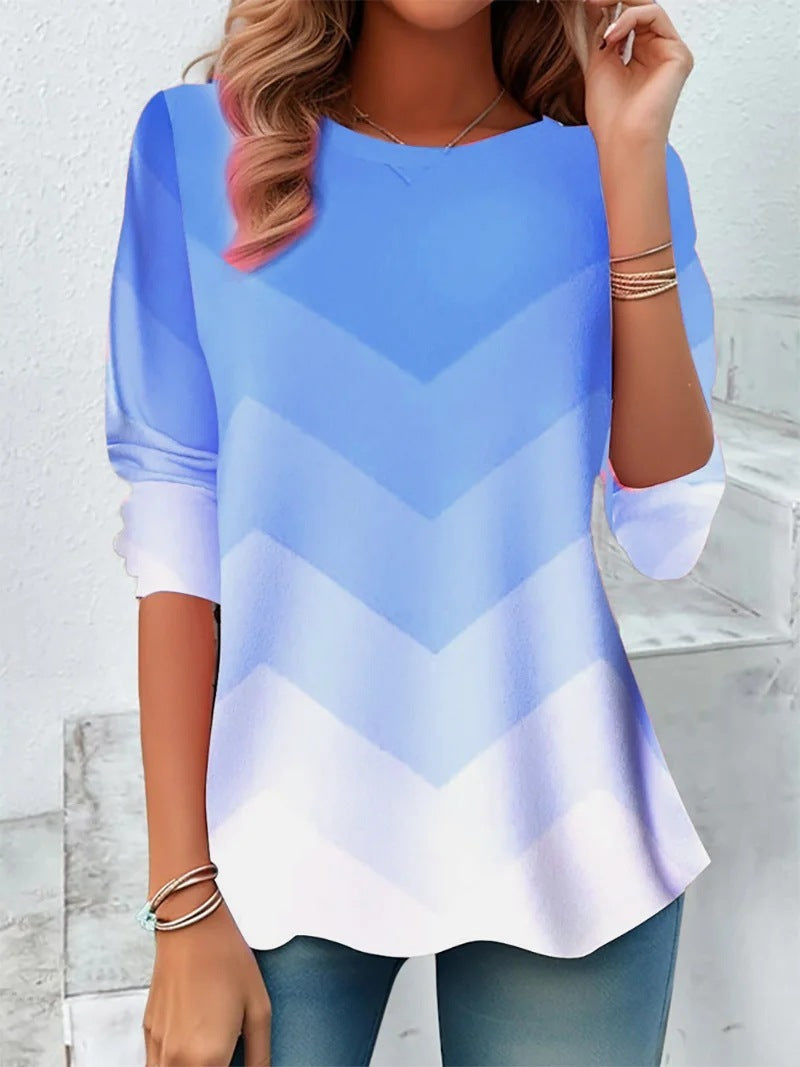 European And American Round Neck Long Sleeve Striped Tie-dye Temperament Leisure T-shirt Top