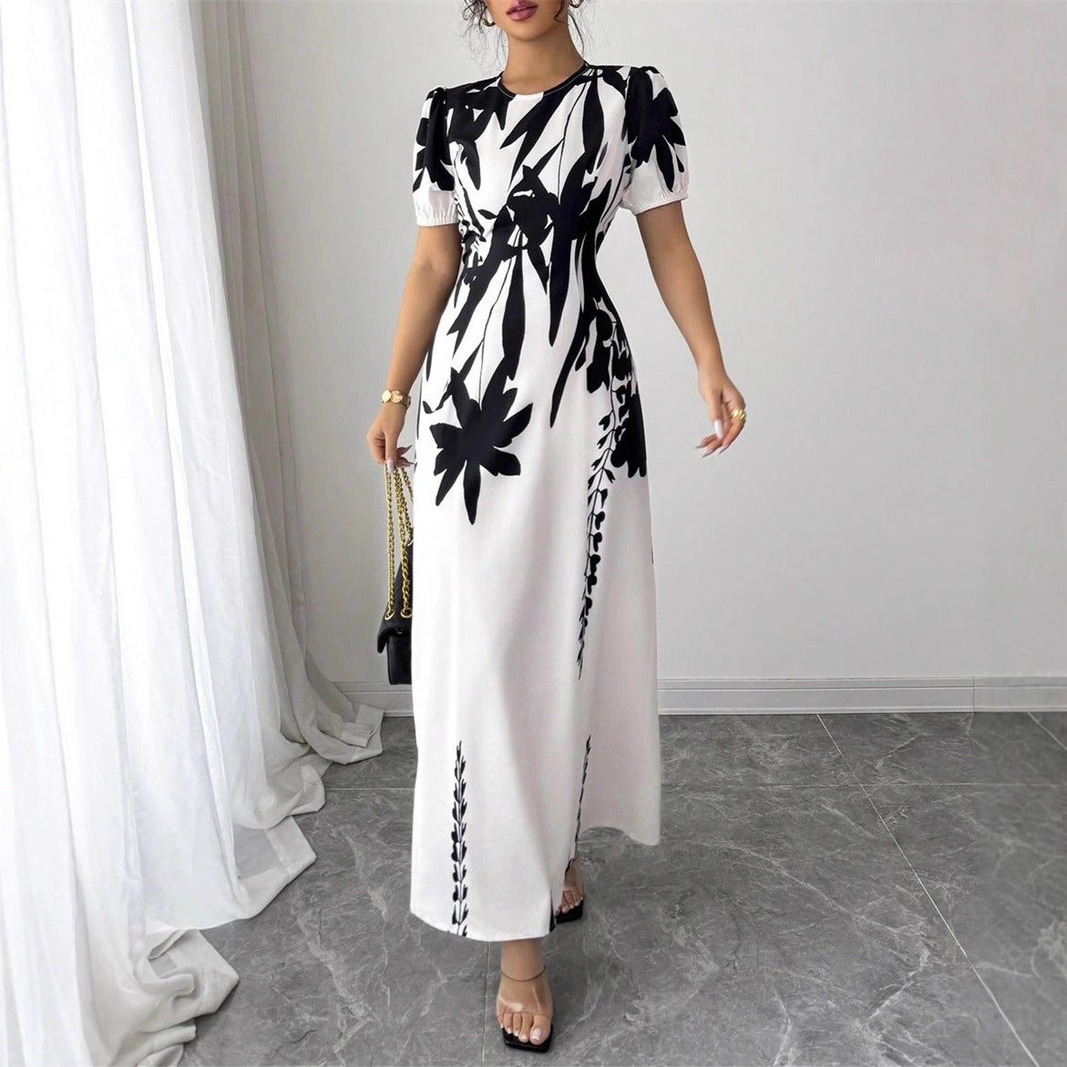 Women's Fashion Round Neck Printed Bubble Sleeve Long Dress
