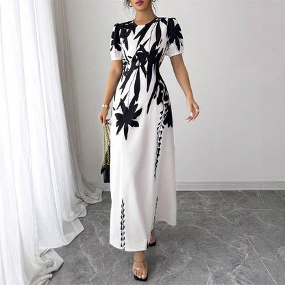 Women's Fashion Round Neck Printed Bubble Sleeve Long Dress
