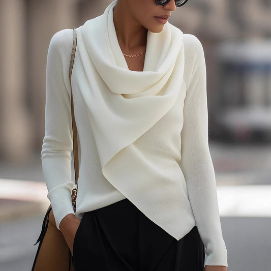 Personality Draped Collar Irregular Solid Color Knitted Sweater