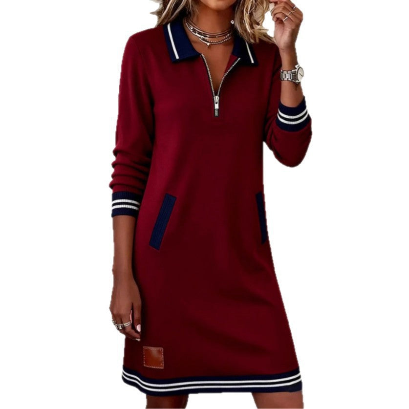 European And American Autumn New Fashion Lapel Zipper Long Sleeve Color Block Pocket Dress