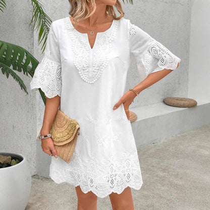 Solid Color Hollow Lace Short Sleeve Dress