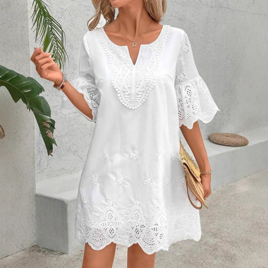 Solid Color Hollow Lace Short Sleeve Dress