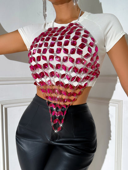 Chaleco sin espalda con costuras de gemas acrílicas para mujer