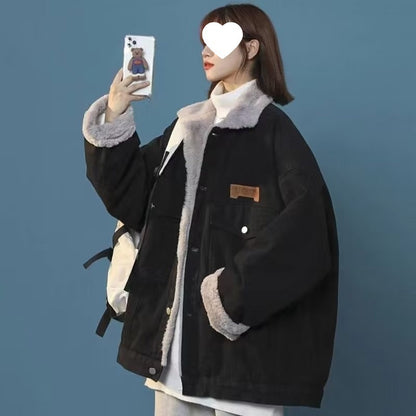 Hong Kong Style Denim Cotton Jacket With Lamb Fur For Women