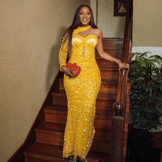 Luxury Sequined Pearl Embroidery Dress - Asymmetric Design