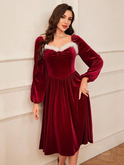 Vestido vintage de terciopelo rojo de manga larga para mujer, para fiesta navideña, con cuello cuadrado, elegante, con cintura adelgazante, para otoño