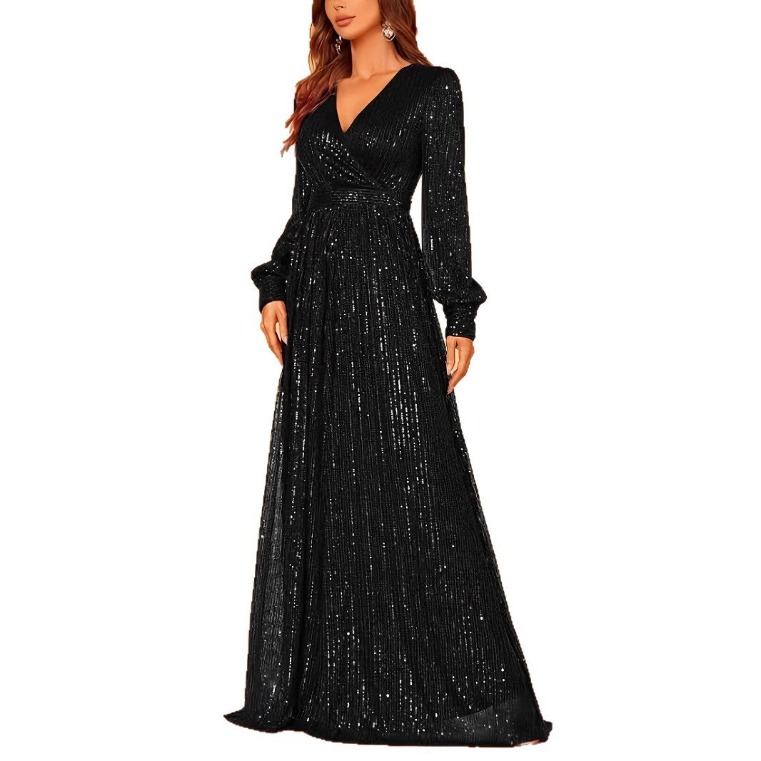Elegant Dinner Sequined Long Sleeve V-neck High Waist Evening Dress