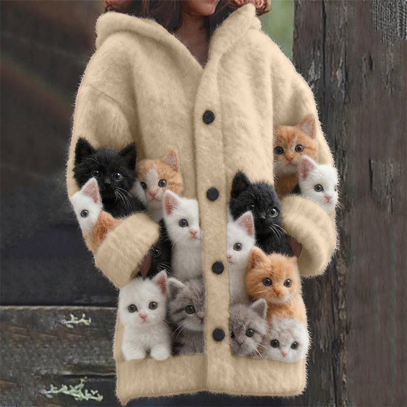 New Cat Pattern 3D Printed Casual Hooded Cape Jacket