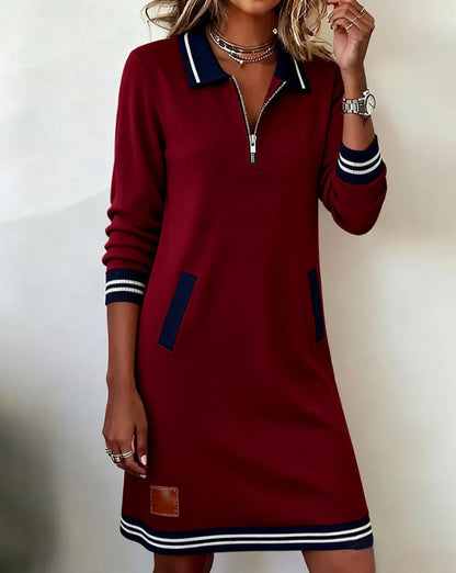 European And American Autumn New Fashion Lapel Zipper Long Sleeve Color Block Pocket Dress