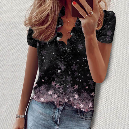 Babados de verão europeus e americanos, manga curta, slim, estampa floral