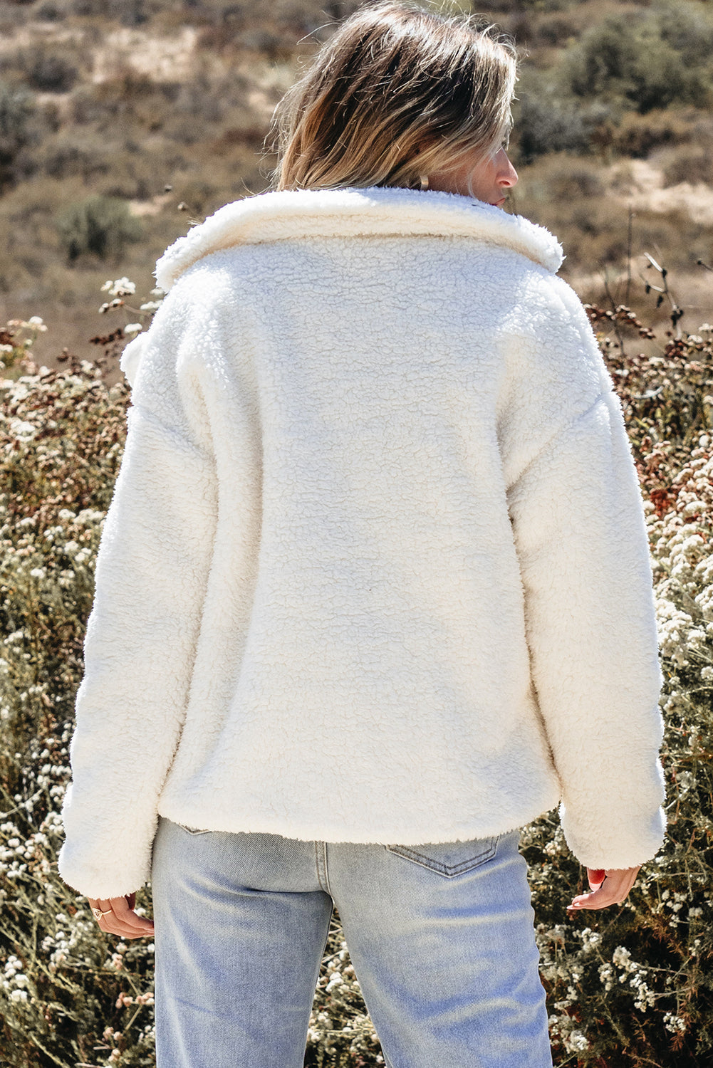 Faux Fur Lapel Collar Jacket – Pocketed Button-Front Coat