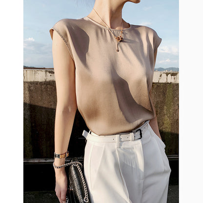Camisola de verano con cuello redondo, sin mangas y tirantes finos de satén para mujer