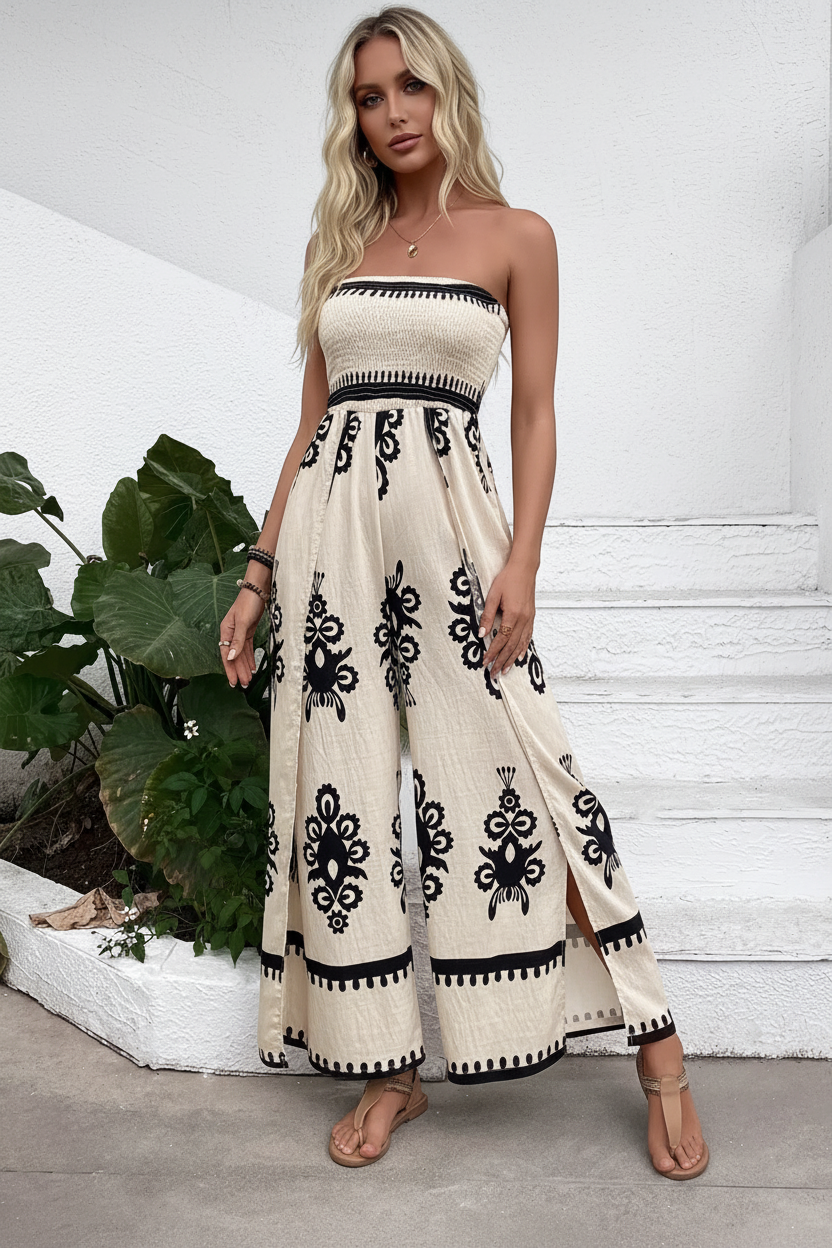 Smocked Printed Wide Leg Jumpsuit