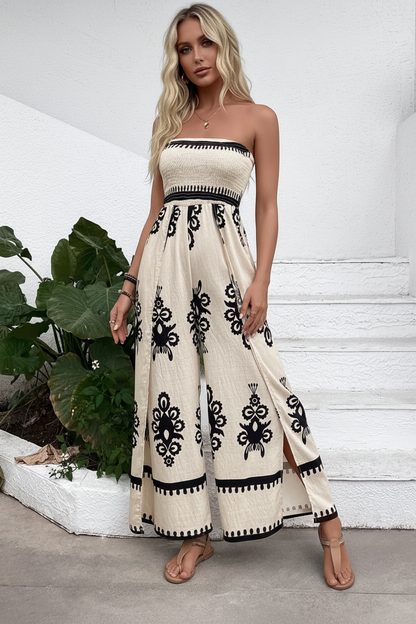 Smocked Printed Wide Leg Jumpsuit