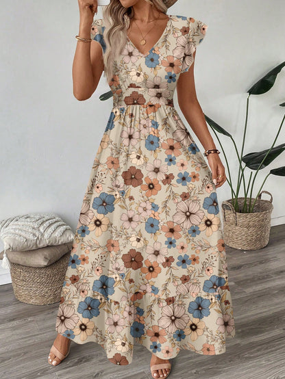 Printed V-neck Flared Sleeve Long Dress