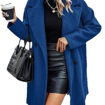 Fashion Button Pocket Long Sleeve Plush Women's Coat