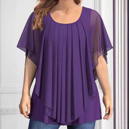 European And American Plus Size Women's Clothes New Belly-covering Slimming Loose Solid Color Short Sleeve