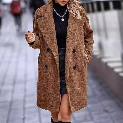 Fashion Button Pocket Long Sleeve Plush Women's Coat