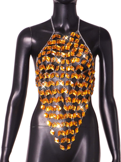 Chaleco sin espalda con costuras de gemas acrílicas para mujer