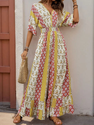 Tendlly Perfee Ruffled Hem Printed V-Neck Jumpsuit — Women's Fashion