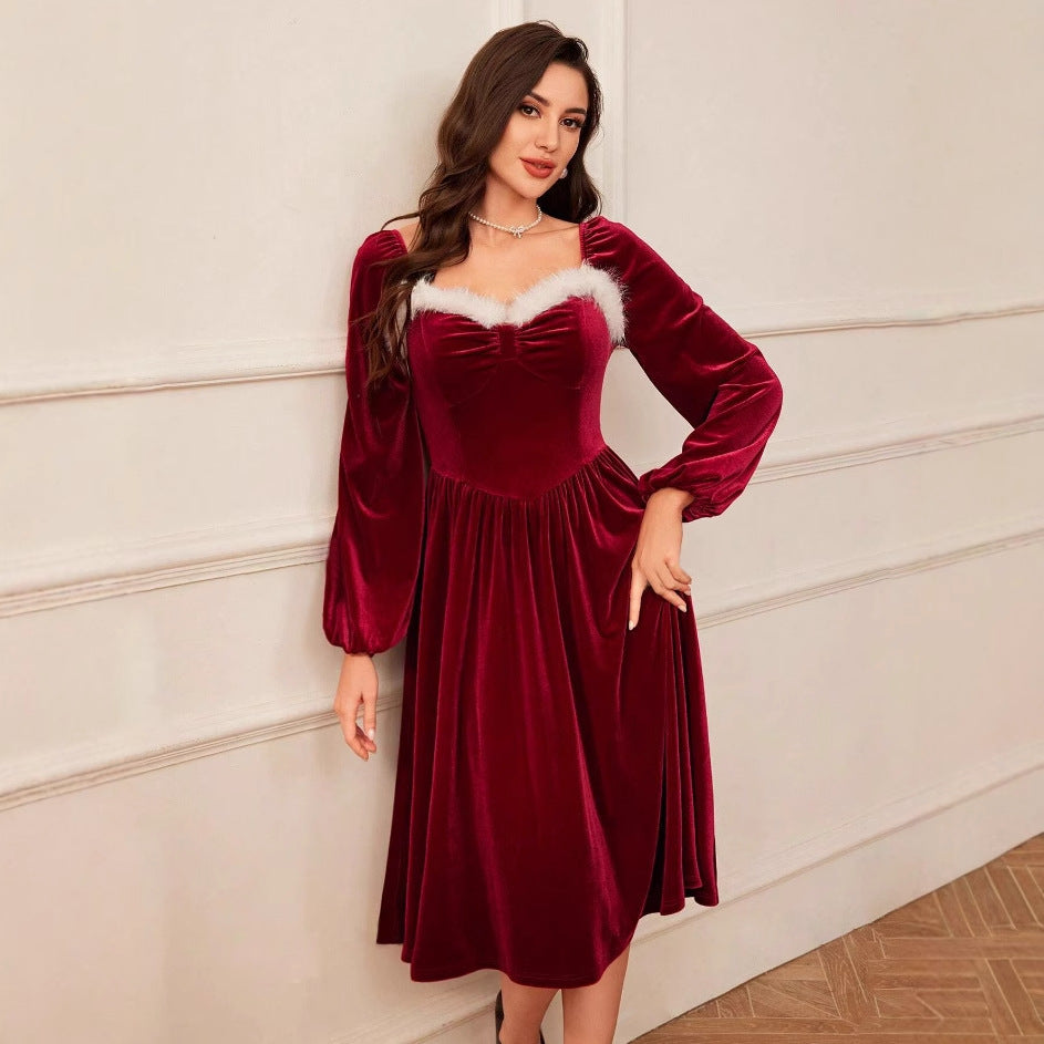 Vestido vintage de terciopelo rojo de manga larga para mujer, para fiesta navideña, con cuello cuadrado, elegante, con cintura adelgazante, para otoño