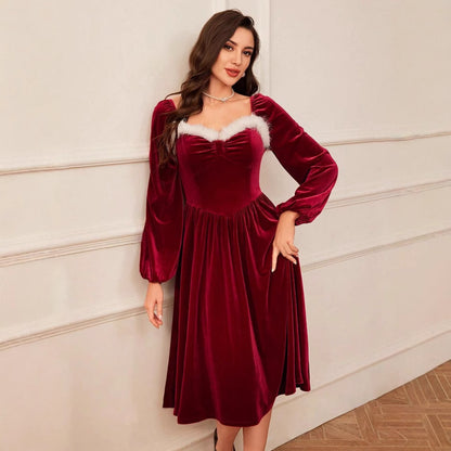 Vestido vintage de terciopelo rojo de manga larga para mujer, para fiesta navideña, con cuello cuadrado, elegante, con cintura adelgazante, para otoño