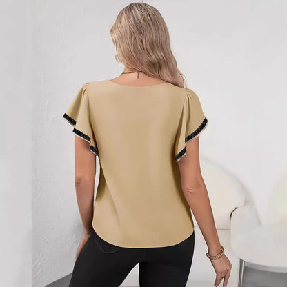 Camiseta de moda para mujer con mangas con volantes, color liso y cuello en V