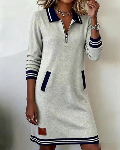 European And American Autumn New Fashion Lapel Zipper Long Sleeve Color Block Pocket Dress