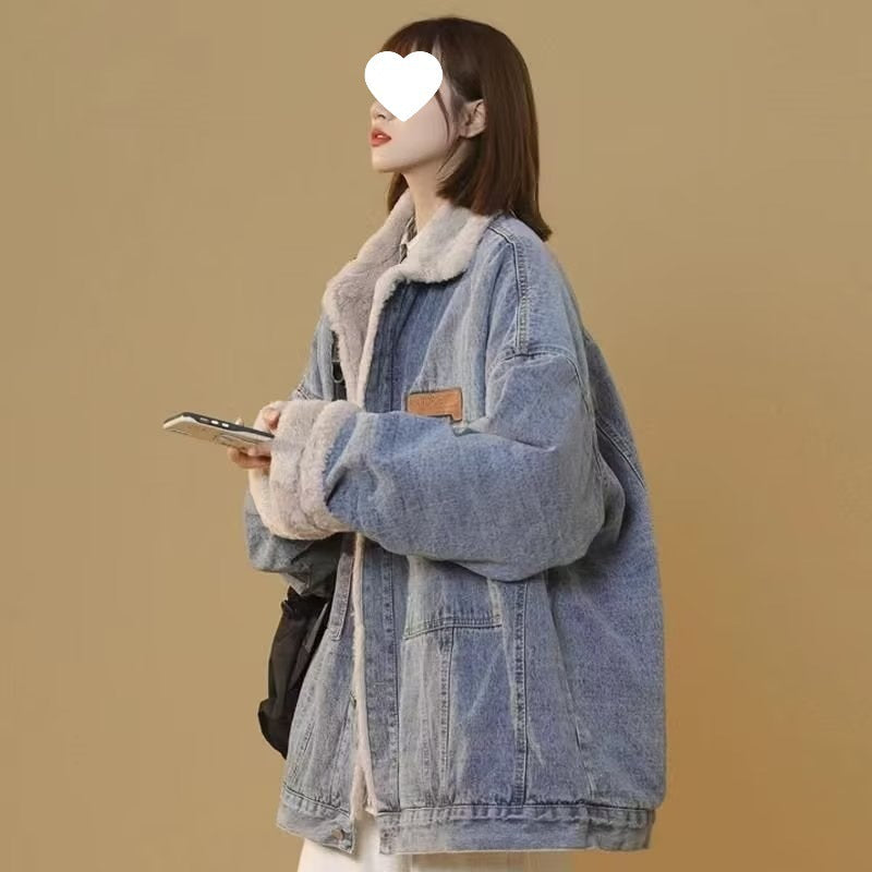 Hong Kong Style Denim Cotton Jacket With Lamb Fur For Women