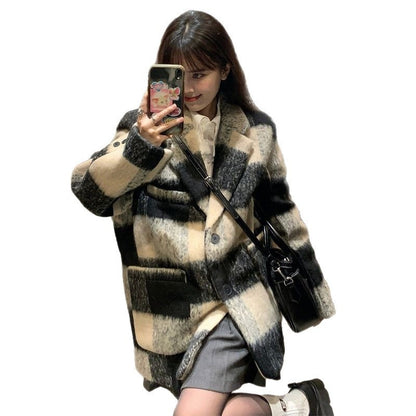 Plaid Suit Wool Coat Women's Retro Thick Loose