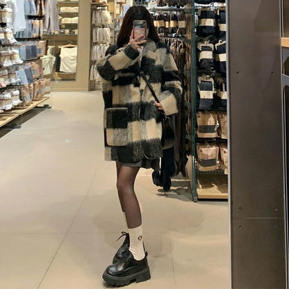 Plaid Suit Wool Coat Women's Retro Thick Loose
