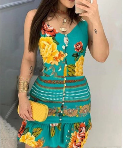 Vestido estampado con escote en pico y botones