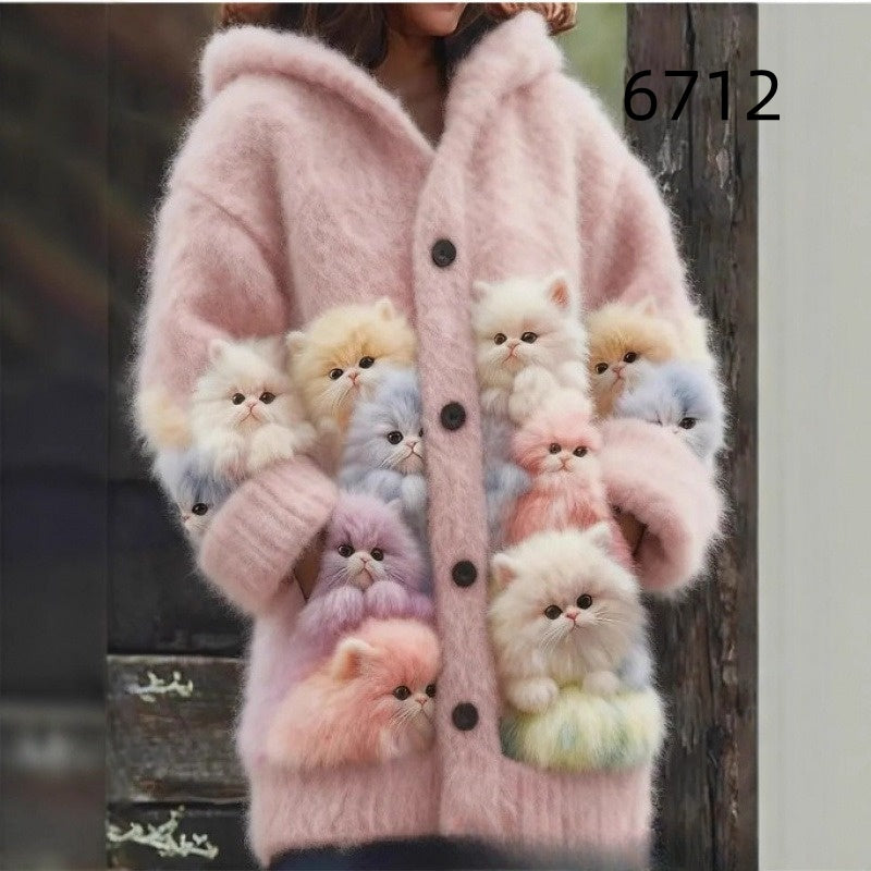 New Cat Pattern 3D Printed Casual Hooded Cape Jacket